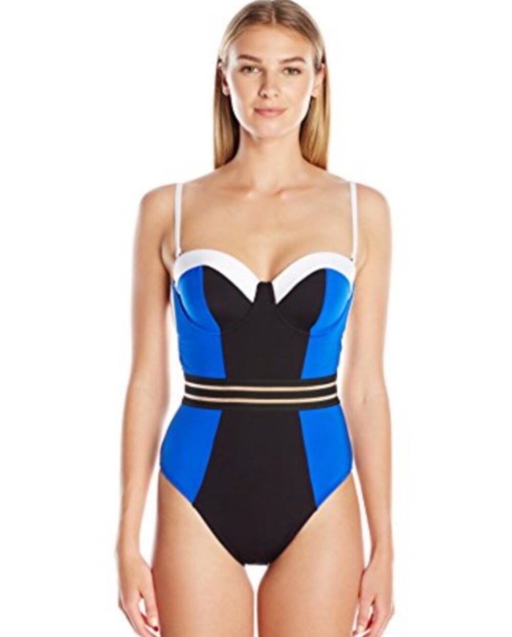 NEW Kenneth Cole Color Blocked Stomping in Stilettos 1 Pc Swimsuit Black Blue S